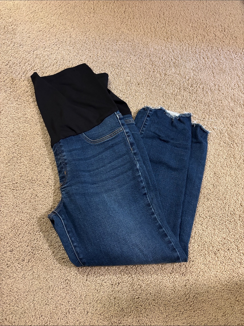 Just USA Dark Blue Cropped Maternity Jeans with Black Waistband